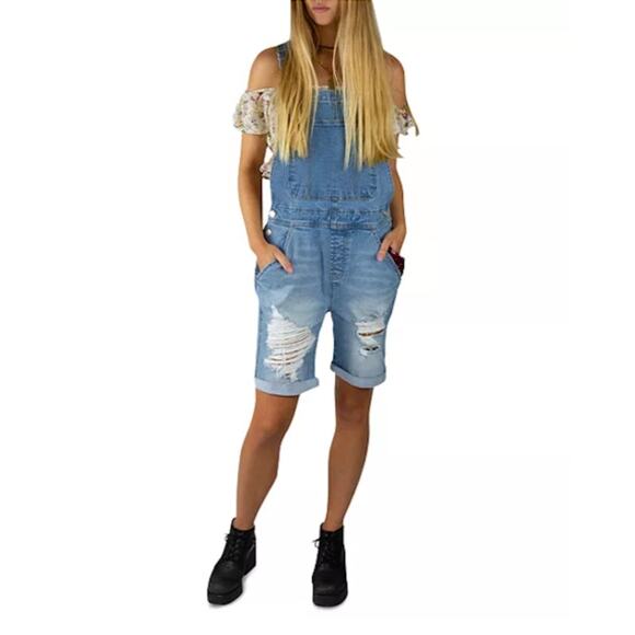 INDIGO REIN Womens High Rise distressed denim short bib overalls size 7/27 - Picture 1 of 10